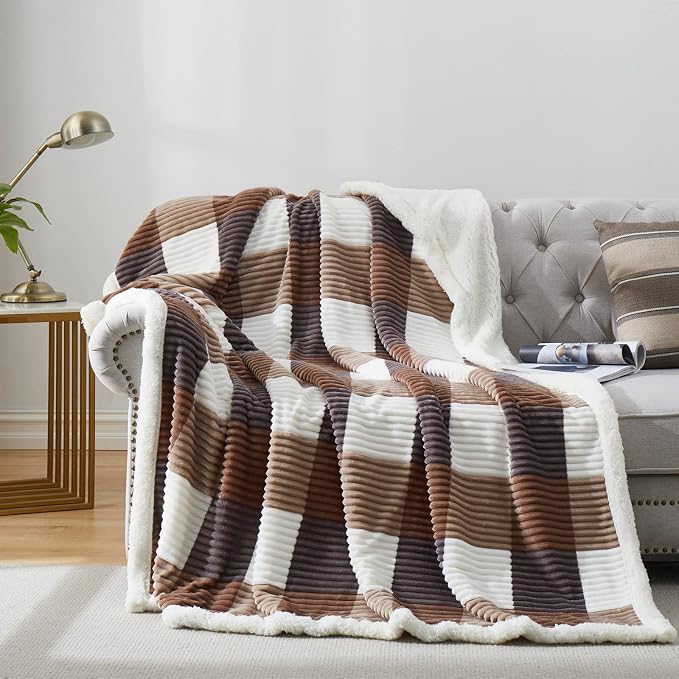 PU MEI Sherpa Blanket Full/Queen Plaid Thick Bed Blanket, 90”*80” Super Soft by HOME
