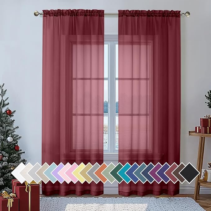 Aiyufeng 2 Piece Burgundy Sheer Curtains 84 Inch Length, Light Filtering by Aiyufeng