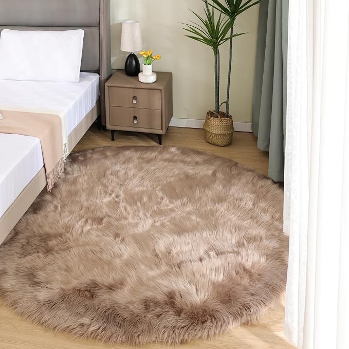 Latepis Large Round Rugs 6ft Light Brown Beige Circle Faux Sheepskin Rug Fluffy - Image 2