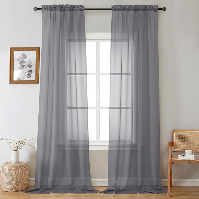 Gwine Charcoal Grey Sheer Curtains 108 Inches Long 2 Panels Set, Voile Light by Gwine