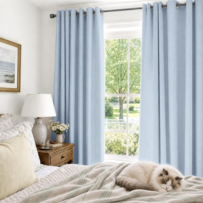 100% Blackout Linen Textured Curtains 84 Inch Long, Chambray Blue | 100% - Image 4