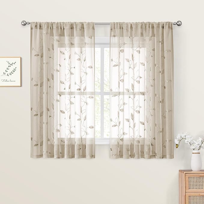 HOMEIDEAS Taupe Sheer Kitchen Curtains 52 x 45 Inch Length 2 Panels Beige by HOMEIDEAS