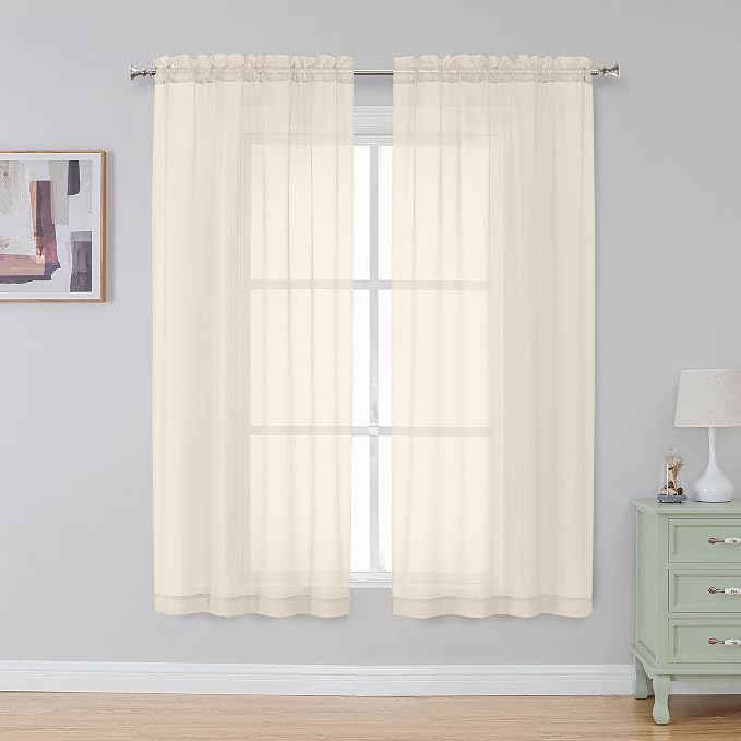 Simplebrand Cream Sheer Curtains 63 Inch Length 2 Panels, Rod Pocket Solid by Simplebrand