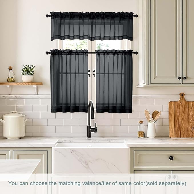 Black Valances for Windows 14 inch Length 2 Panels Set, Small Voile Sheer - Image 2