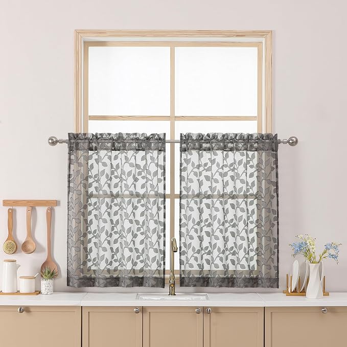 Chyhomenyc Charcoal Grey Sheer Curtains 30 Inch Length, Light Filtering Leaf by Chyhomenyc