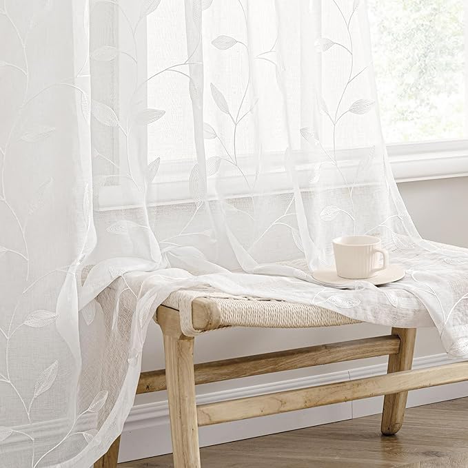 MIULEE White Sheer Curtains 2 Panels Embroidered Leaf Patterned Rod Pocket by MIULEE