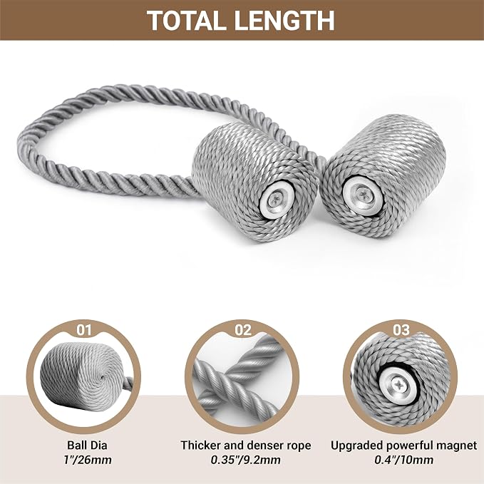 Hion Magnetic Curtain Tiebacks Grey 2pcs, Curtain Tiebacks Buckles Holdbacks - Image 2