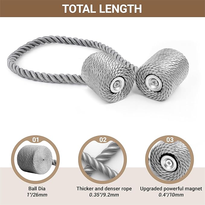 Hion Magnetic Curtain Tiebacks Grey 6 Pack, Curtain Tiebacks Buckles Holdbacks - Image 2