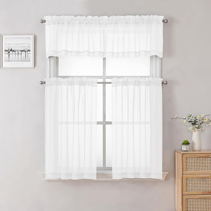 Lecloud Sheer White Valances for Windows 18 Inch Length 2 Pcs, Cafe Kitchen - Image 5