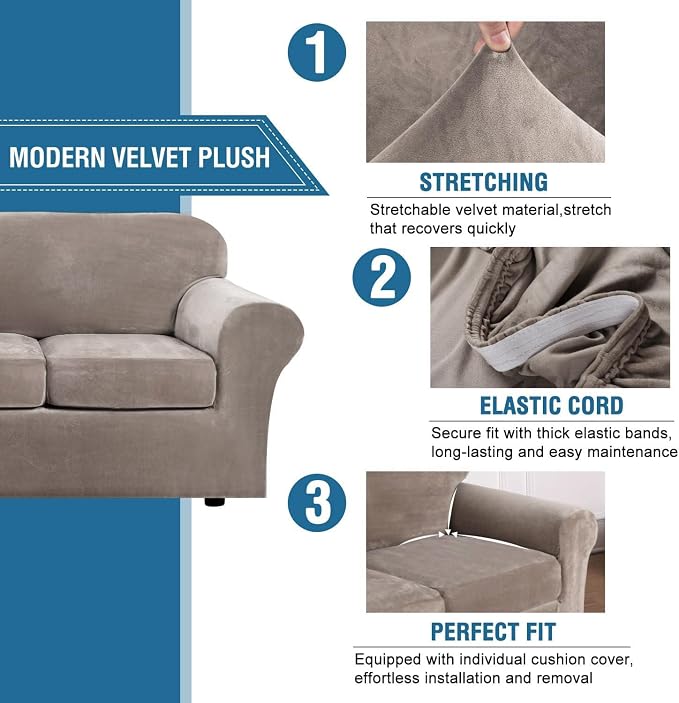 H.VERSAILTEX Modern Velvet Plush High Stretch Sofa Slipcover Furniture - Image 3