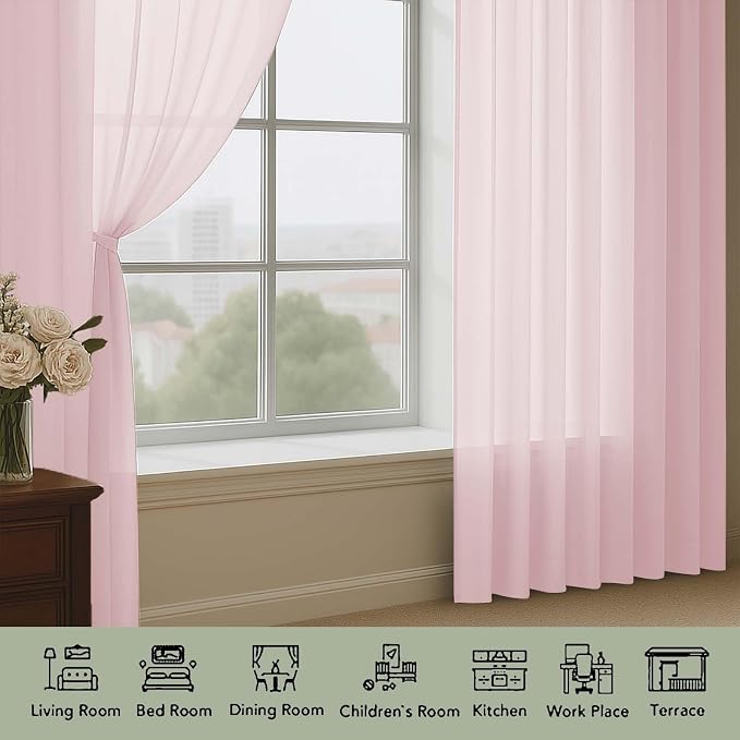 OWENIE Extra Long Blush Sheer Curtains 96 Inches Long 2 Panels Set, Soft - Image 4