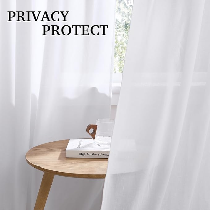 RYB HOME White Linen Curtains 90 inches Long, Semi Sheer Light Filtering Back - Image 3