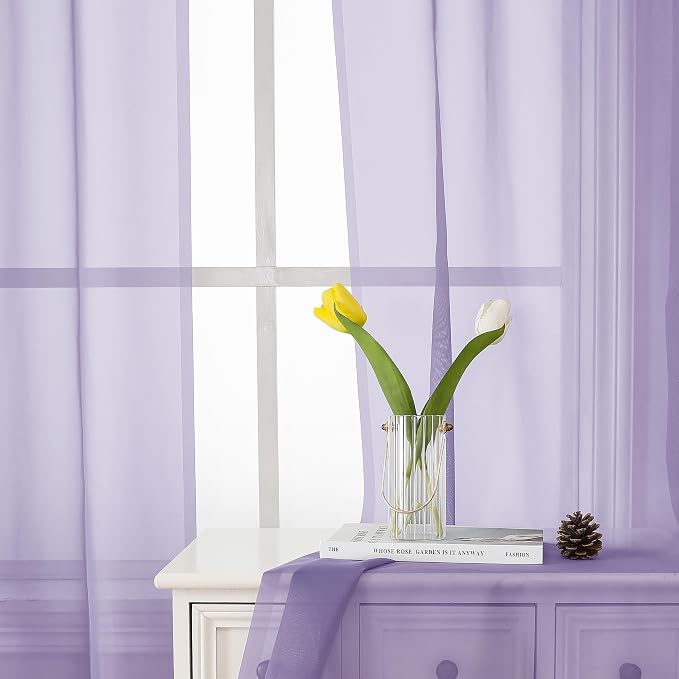Lecloud Lavender Sheer Kitchen Curtains 54 Inch Length 2 Panels, Double Rod - Image 3