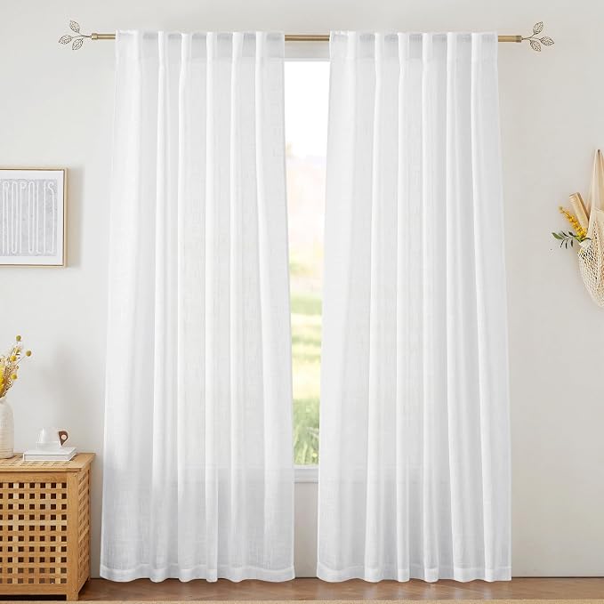 RYB HOME White Sheer Curtains Linen Texture Window Panels, Semi Sheer Light by RYBHOME