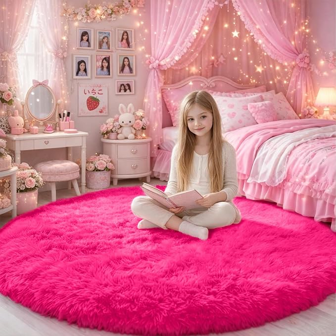 Hot Pink Round Rugs 5Ft for Girls Bedroom, Fluffy Circle Area Rug for Kids Room - Image 4