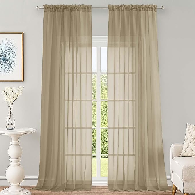 OWENIE Taupe Sheer Curtains 120 Inches Long 2 Panels Set, Airy Lightweight by OWENIE