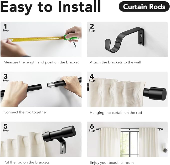 IFELS Heavy Duty Curtain Rods for Windows 48 to 84 Inch, 1 Inch Black Curtain - Image 7