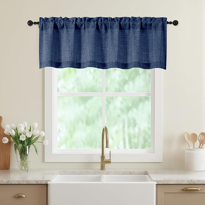 Navy Blue Valances for Windows, Light Filtering Faux Linen Textured Small Short by WelvetBLK