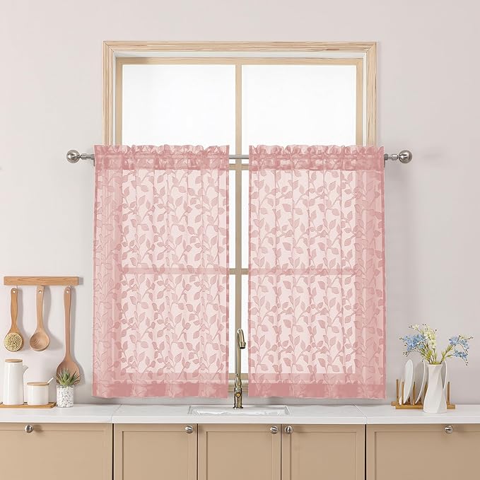 Chyhomenyc Blush Pink Sheer Curtains 36 Inch Length, Light Filtering Leaf by Chyhomenyc