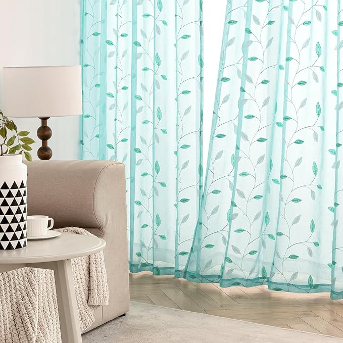 MIULEE Turquoise Sheer Curtains 2 Panels Embroidered Leaf Patterned Rod Pocket - Image 3