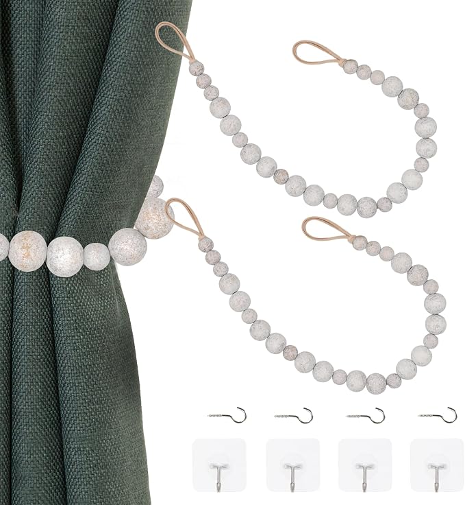 OCIOLI 2 Pieces Wood Bead Curtain Tieback Boho Curtain Tiebacks Curtain by OCIOLI