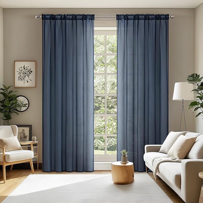 MIULEE 2 Panels Navy Blue Sheer Curtains 84 inches Long Window Curtains Rod by MIULEE