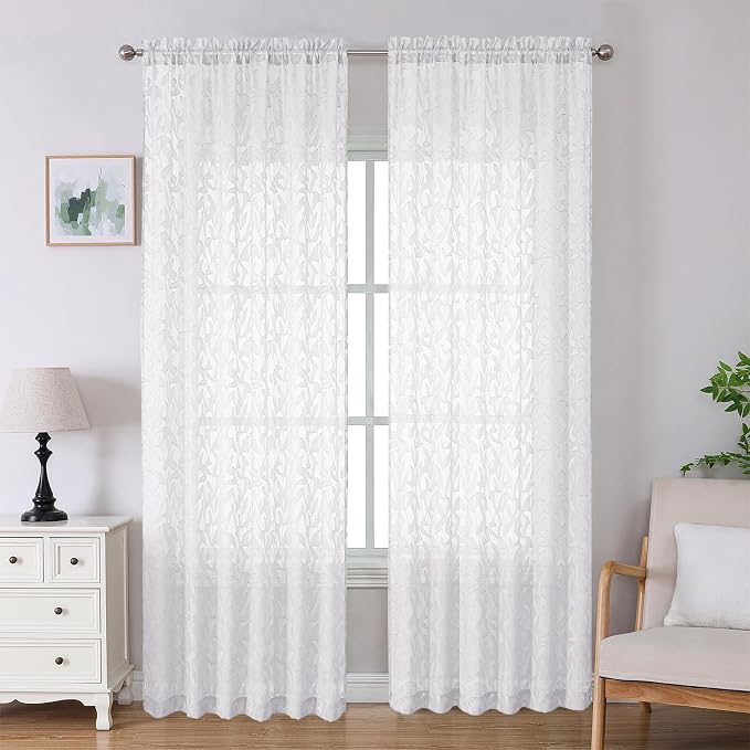 Lecloud Leia White Sheer Curtains 96 Inches Long 2 Panels, Airy Voile Jacquard by Lecloud