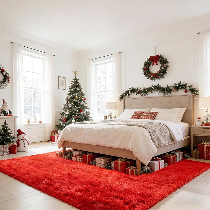 Red Shag Area Rugs for Bedroom Living Room, Ultra Soft Fluffy Christmas Area - Image 2