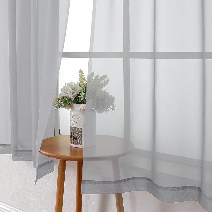 Lecloud Light Grey Sheer Curtains 63 Inch Length 2 Panels, Light Filtering - Image 3
