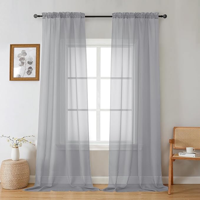 Gwine Light Grey Sheer Curtains 96 Inches Long 2 Panels, Elegant Window by Gwine