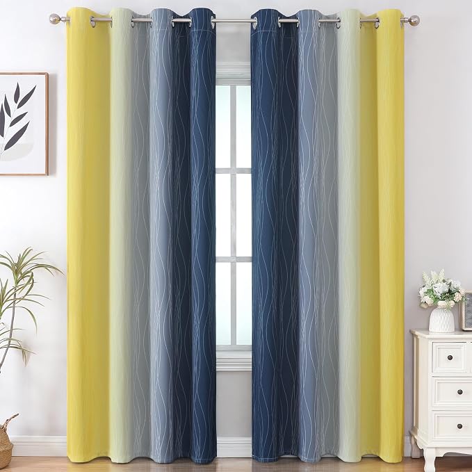Estelar Textiler Navy Blue and Yellow Ombre Blackout Curtains 102 Inches Long - Image 2