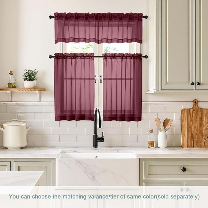 Burgundy Valances for Windows 14 inch Length 2 Panels Set, Small Voile Sheer - Image 2