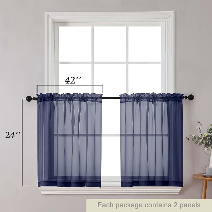 Kitchen Curtains 24 Inch Length Tier 2 Pieces, Cafe Bathroom Basement Rod - Image 2