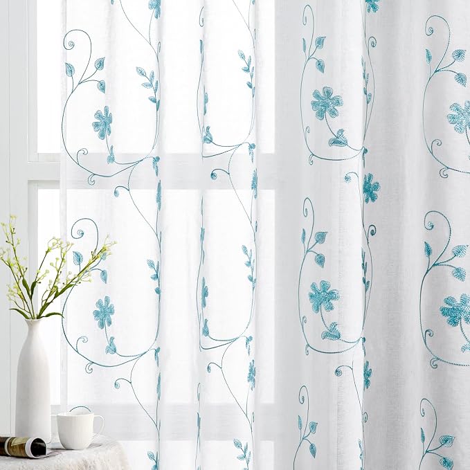 HOMEIDEAS White and Blue Embroidered Floral Sheer Curtains 84 Inches Long 2 by HOMEIDEAS