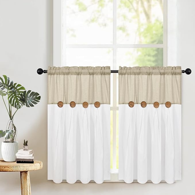 Boho Kitchen Curtains 36 Inch Length, Farmhouse Cotton Linen Tier Curtains by FRAMICS