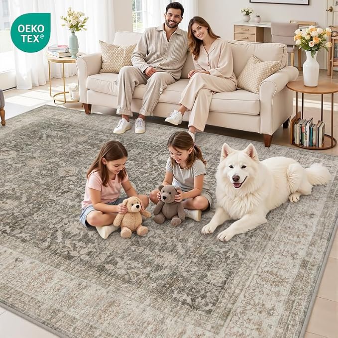 6x9 Area Rugs Living Room: Bedroom Washable Carpet Warm Taupe | Large Vintage - Image 8