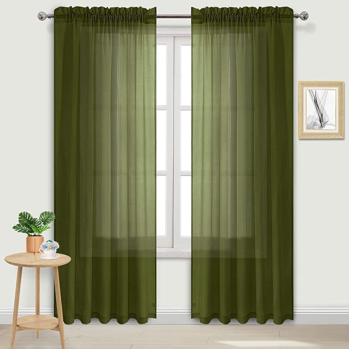 DWCN Olive Green Sheer Curtains Semi Transparent Voile Rod Pocket Curtains by DWCN