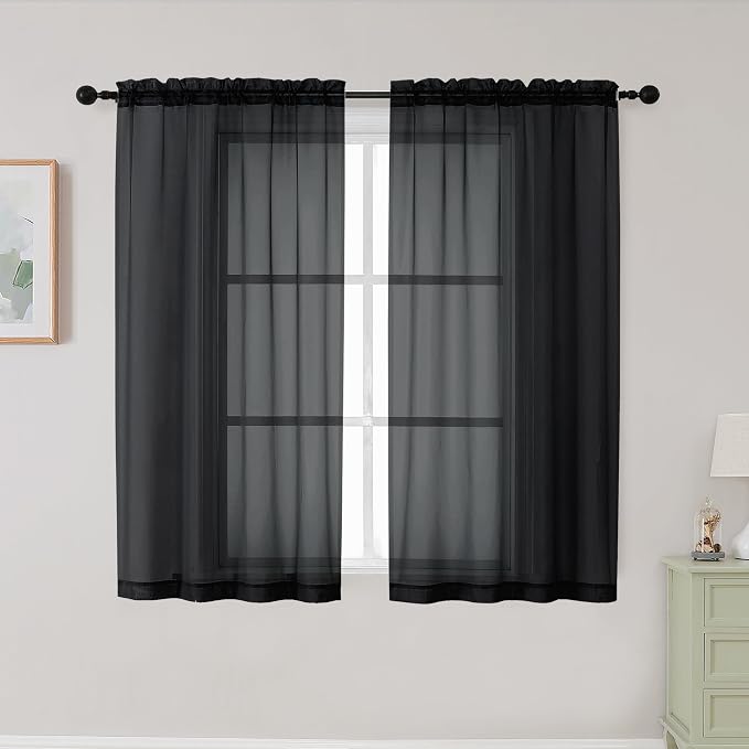 Black Sheer Curtains for Bedroom Living Room 45 Inch Length 2 Panels, Soft Airy by WelvetBLK