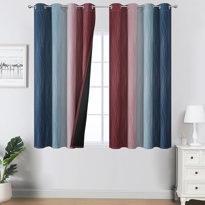 Estelar Textiler Navy Blue and Burgundy Red Ombre Blackout Curtains 45 Inches by ESTELARTEXTILER