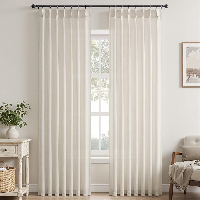 96 Inches Long Pinch Pleated Semi Sheer Curtains, Birch Linen Blended Light - Image 9