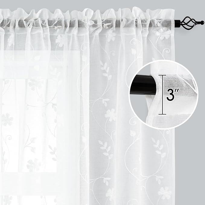 HOMEIDEAS White Sheer Curtains 96 Inches Long 2 Panels White Embroidered Floral - Image 8