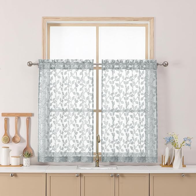 Chyhomenyc Light Grey Sheer Curtains 36 Inch Length, Light Filtering Leaf by Chyhomenyc