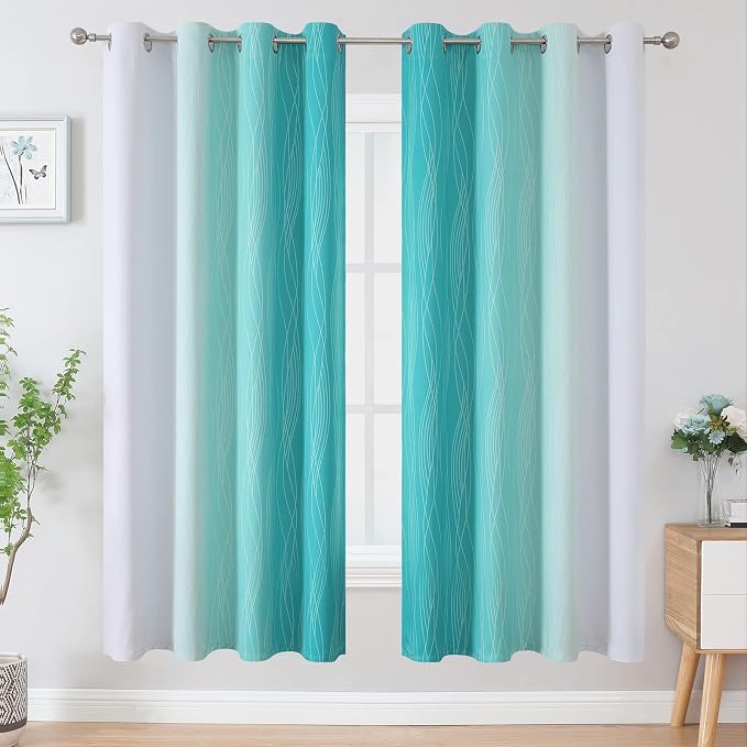 Estelar Textiler Grayish White and Teal Blackout Curtains - Image 2