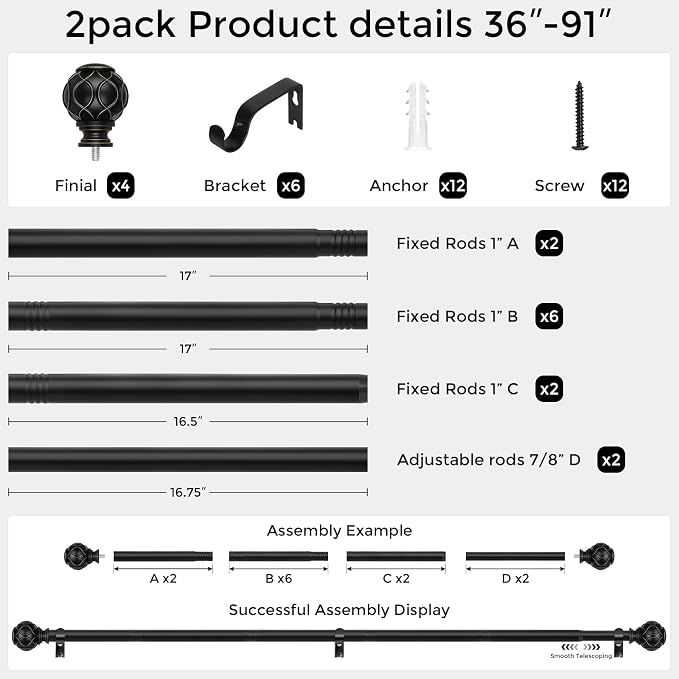 2 Pack Black Curtain Rod, Heavy Duty 1 Inch Decorative Curtain Rods - Image 5