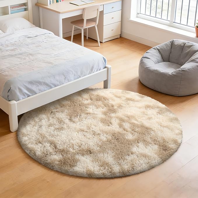 Tie-Dyed Beige Fluffy Round Rug, Soft Area Rugs - Image 7