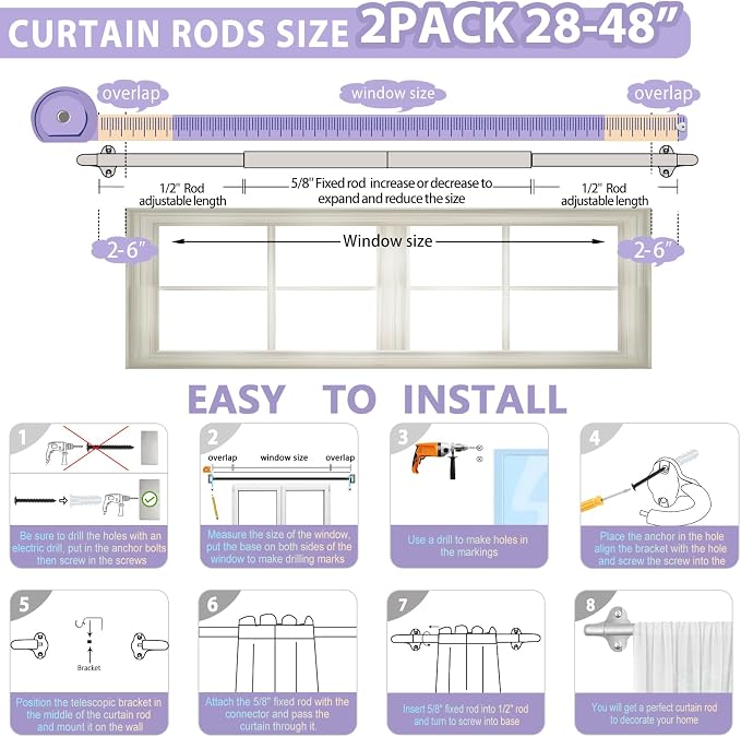 TVWOO Silver Wrap Around Curtain Rods 2Pack:Small Blackout Adjustable Window - Image 7