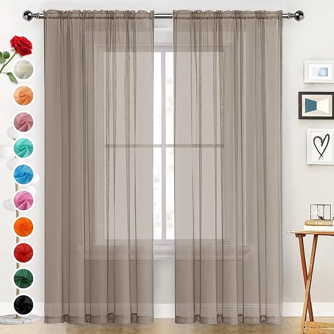 SpaceDresser Basic Rod Pocket Sheer Voile Window Curtain Panels Taupe 1 Pair 2 by SpaceDresser