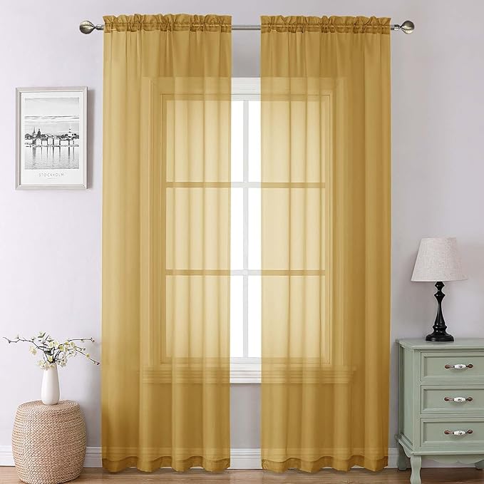 Lecloud Gold Sheer Curtains 90 Inches Long 2 Panels, Breathable Solid Voile by Lecloud
