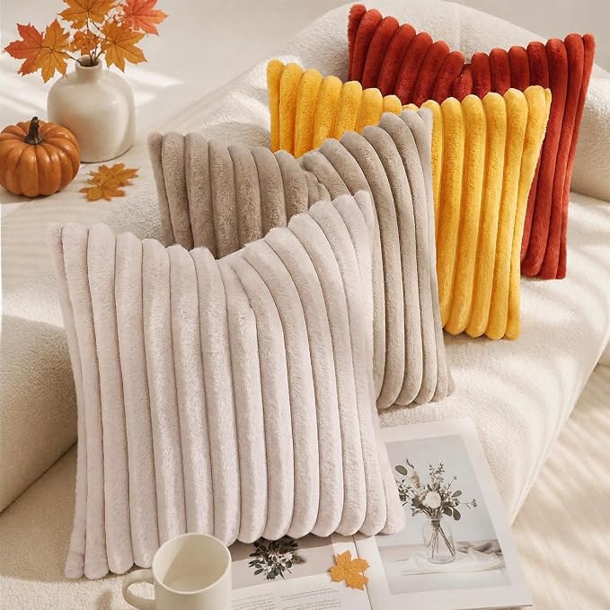 decorUhome Fall Faux Fur Throw Pillow Covers 18x18 Set of 2 Rust | Decorative - Image 5
