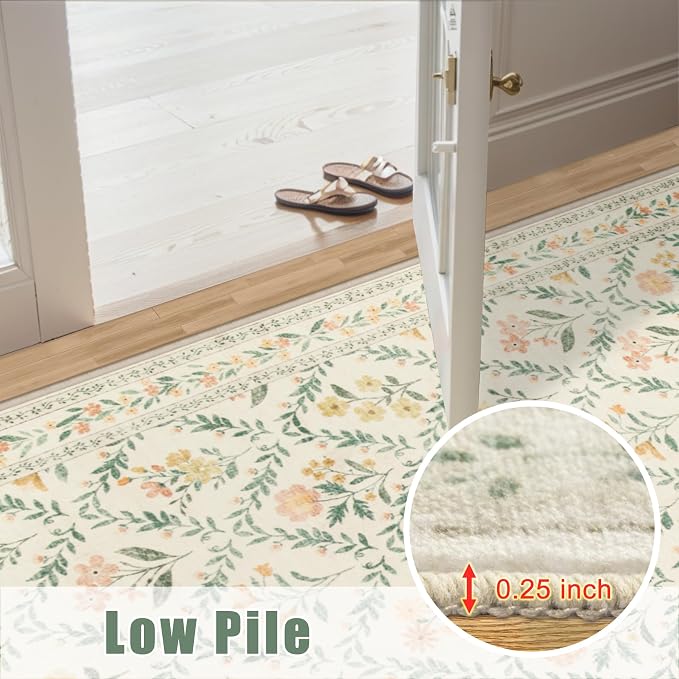 Entryway Rug 2X3 Small Rugs: Floral Washable Door Mat Vintage Soft Low Pile - Image 8